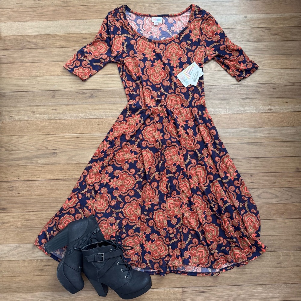 LuLaRoe Nicole Navy and Orange Floral Midi Dress